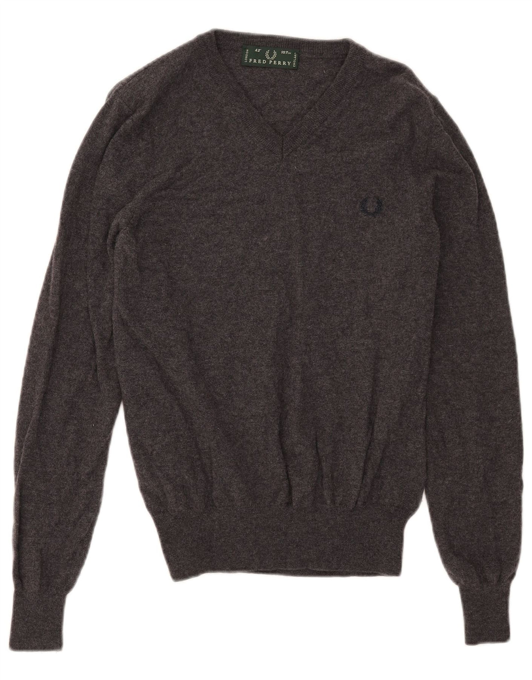Fred Perry Mens V-Neck Jumper Sweater Medium Grey Wool