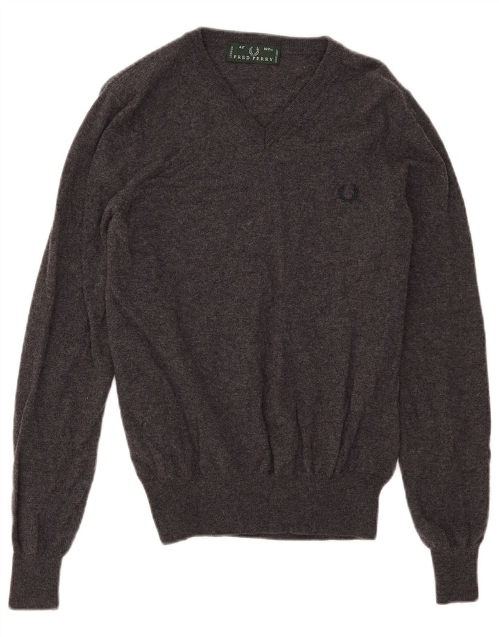 Fred Perry Mens V-Neck Jumper Sweater Medium Grey Wool