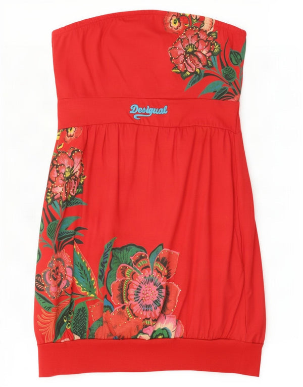 Desigual damska sukienka bez ramiączek UK 12, średnia czerwona, bawełniana w kwiaty