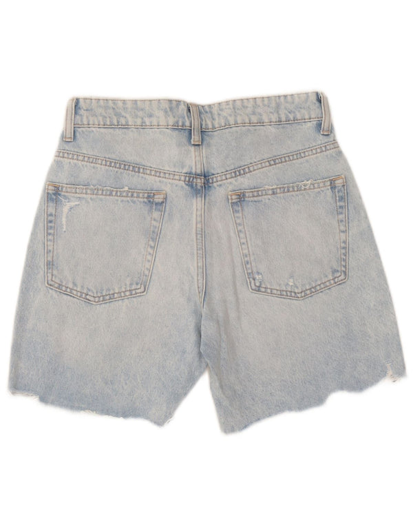 Zara Damen Distressed Denim Shorts EU 36 XS W26 Blaue Patchwork-Baumwolle