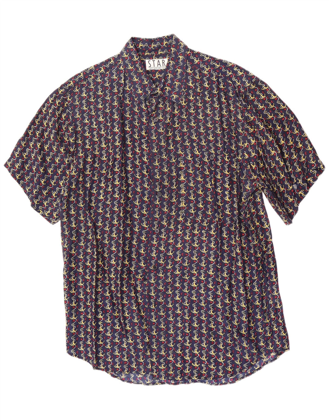 Vintage Mens Abstract Pattern Short Sleeve Shirt Medium Navy Blue Silk