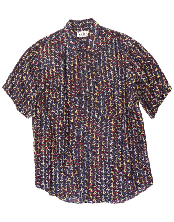 Vintage Mens Abstract Pattern Short Sleeve Shirt Medium Navy Blue Silk