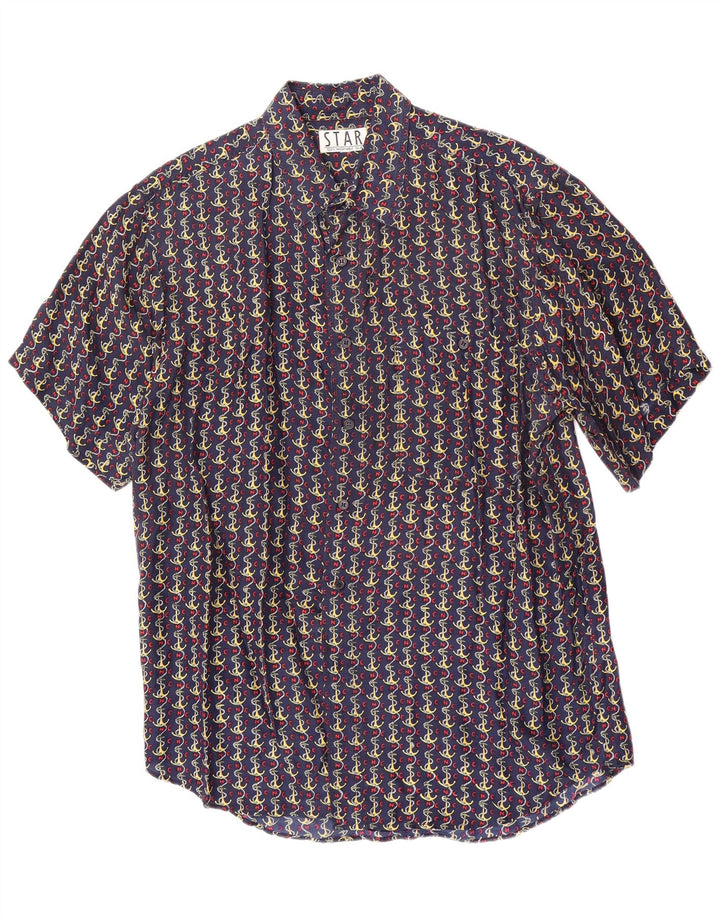 Vintage Mens Abstract Pattern Short Sleeve Shirt Medium Navy Blue Silk