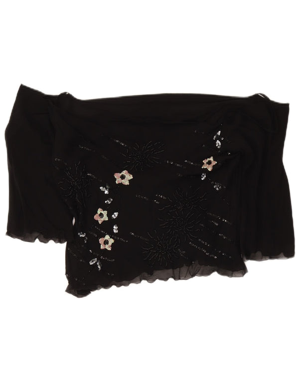 Top feminino vintage manga 3/4 ombro de fora UK 18 XL seda floral preta
