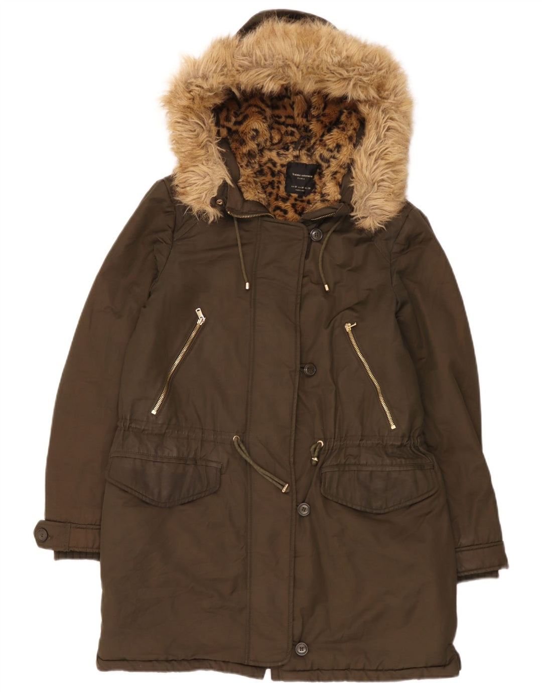 Zara Womens Hooded Sherpa Parka Jacket UK 14 Medium Khaki