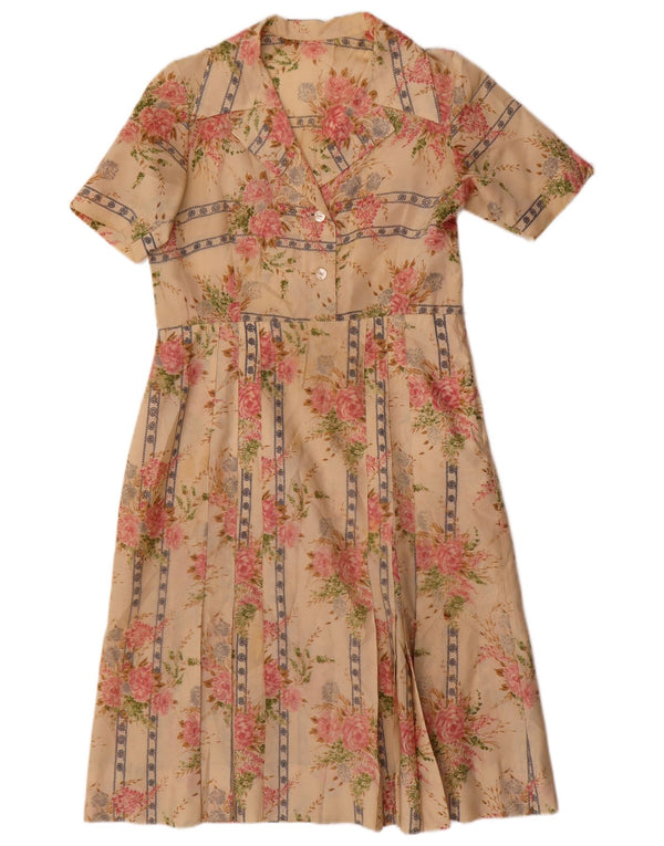 Vintage Womens A-Line Dress UK 12 Medium Beige Floral