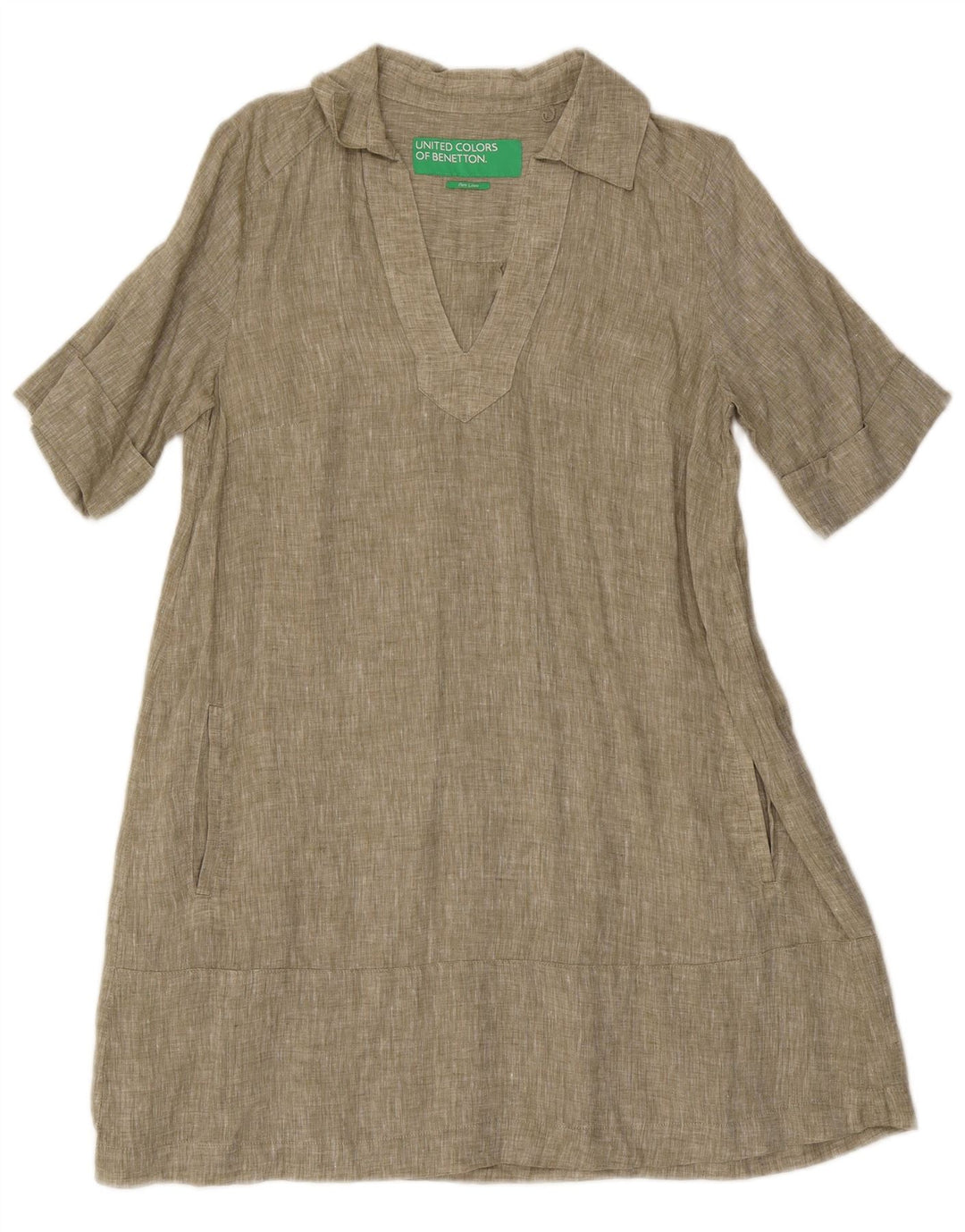 Benetton Dame A-Line Kjole UK 14 Medium Khaki Linen