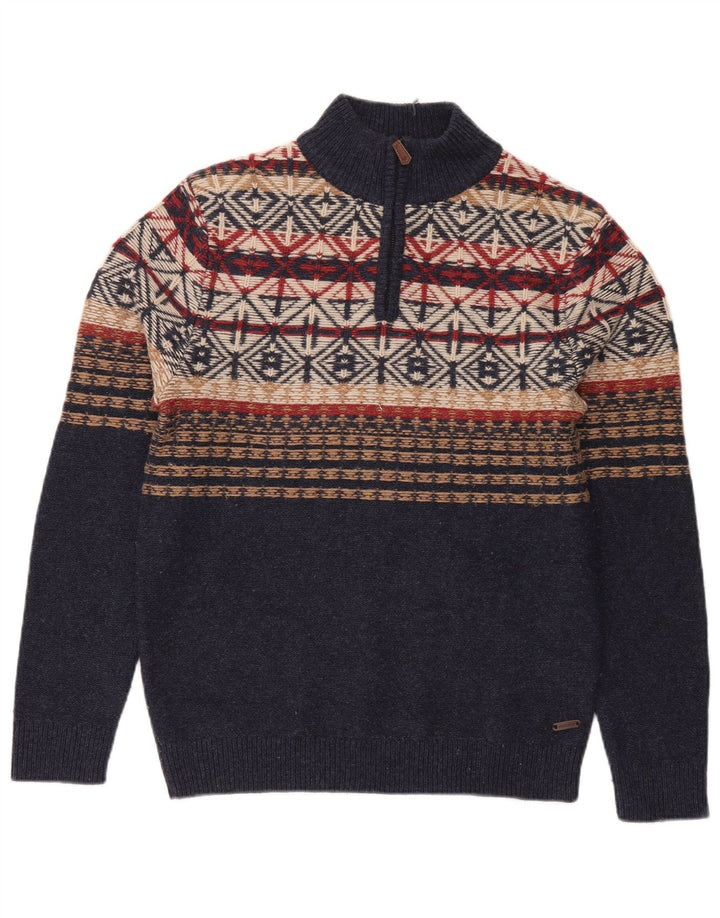 White Stuff Herre Zip Neck Jumper Sweater Small Navy Blue Fair Isle