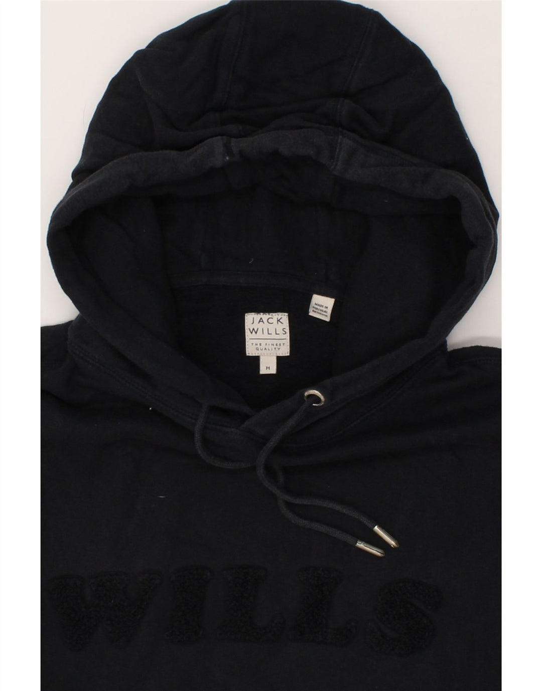 JACK WILLS Mens Graphic Hoodie Jumper Medium Navy Blue Cotton Vintage Jack Wills and Second-Hand Jack Wills from Messina Hembry 
