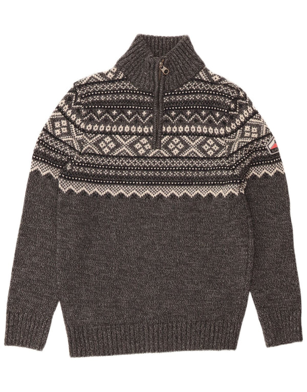 Superdry Mens Zip Neck Jumper Sweater XL Grey Fair Isle Acrylic