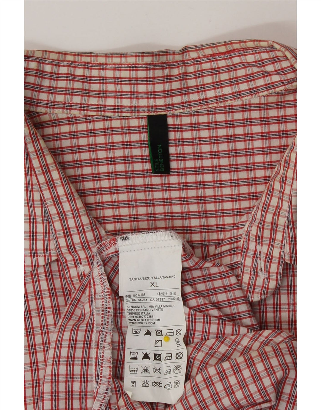 Benetton Mens Short Sleeve Shirt XL Red Check Cotton