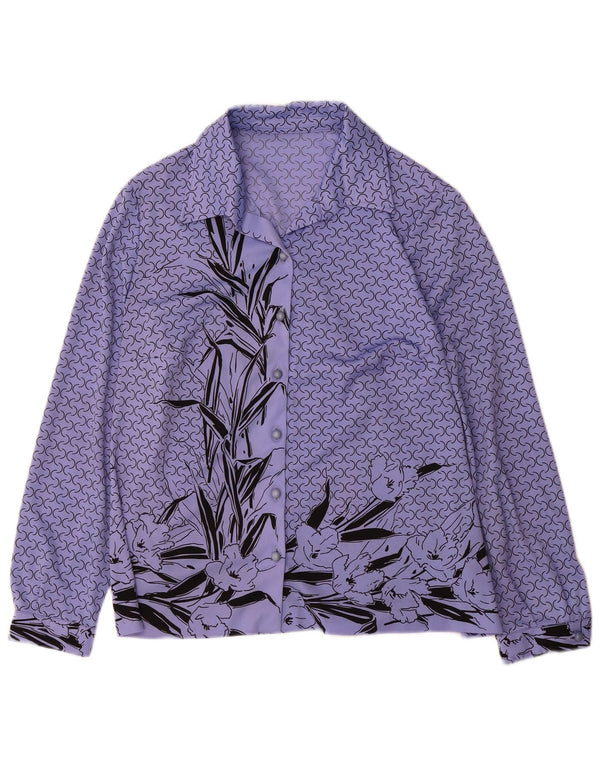 Blusa feminina estampada vintage Reino Unido 14 grande poliéster floral roxo