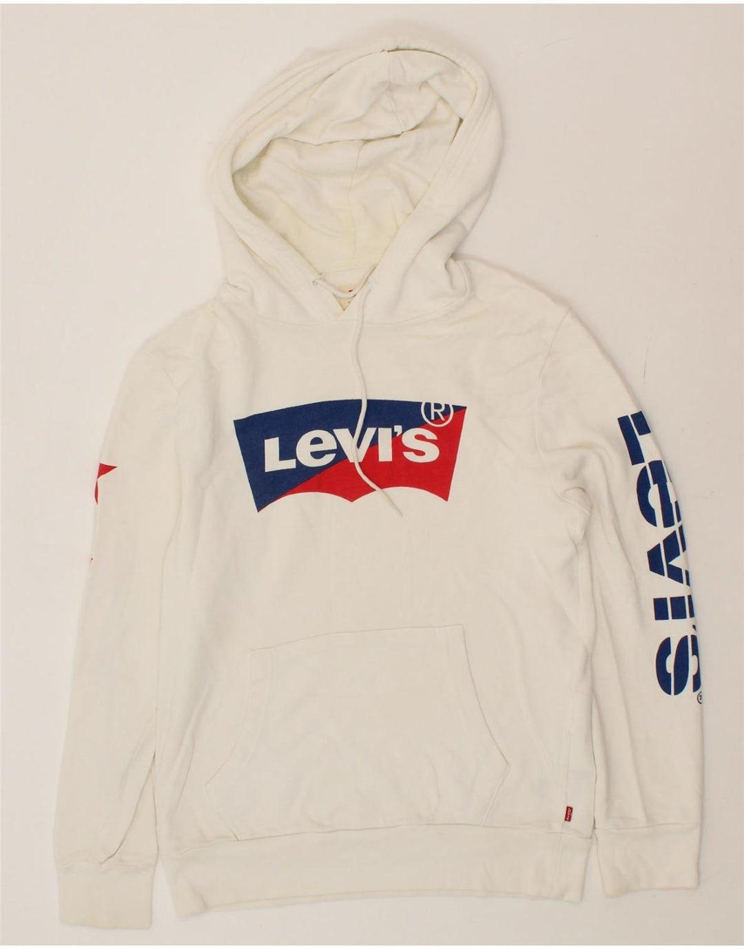LEVI'S Mens Graphic Hoodie Jumper Small White Cotton Vintage Levi's and Second-Hand Levi's from Messina Hembry 