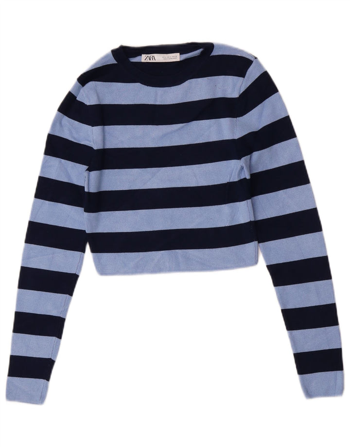 Top corto da donna Zara in camicetta UK 12 Viscosa a righe blu medio