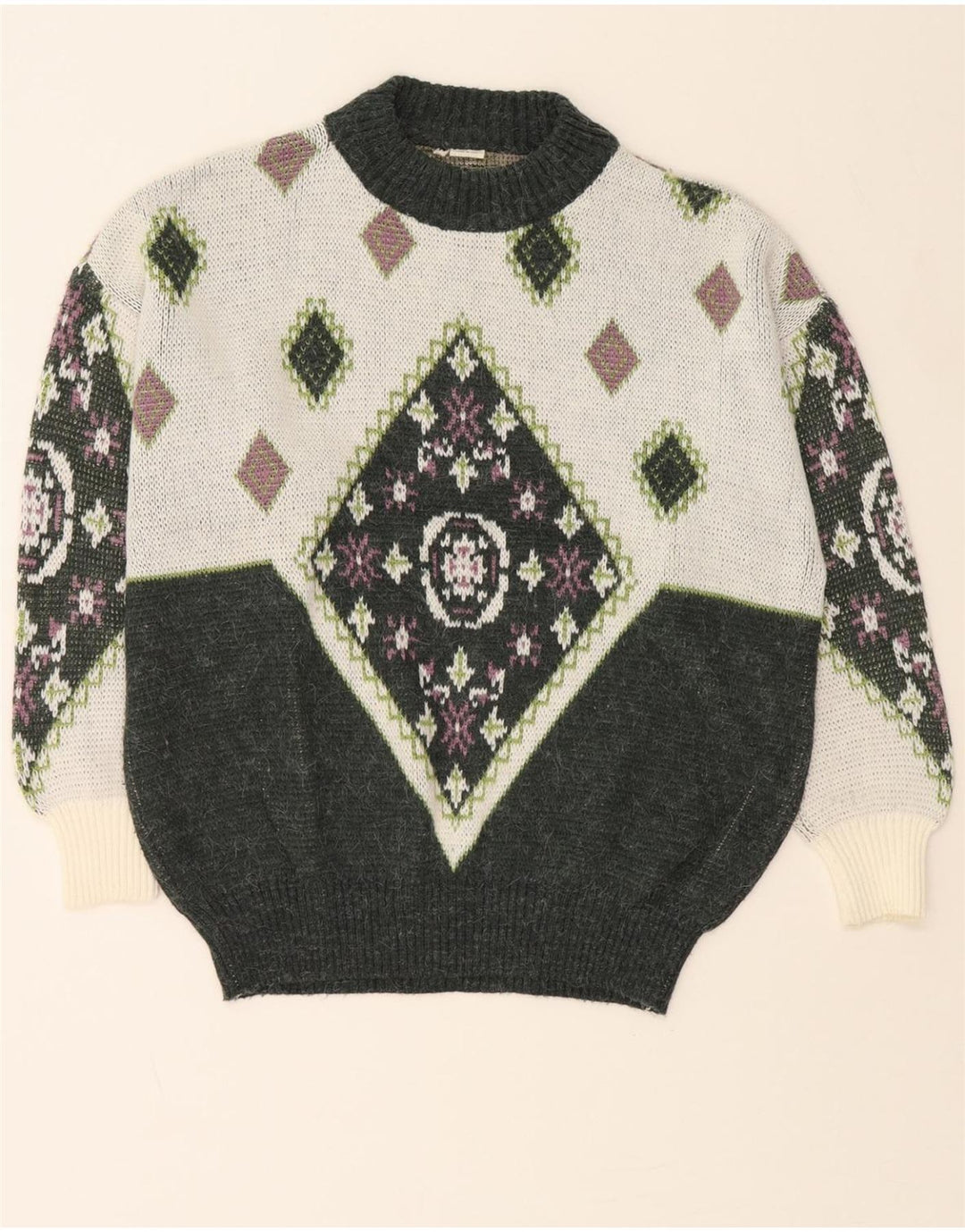 VINTAGE Mens Crew Neck Jumper Sweater Medium Green Fair Isle Cotton Vintage Vintage and Second-Hand Vintage from Messina Hembry 