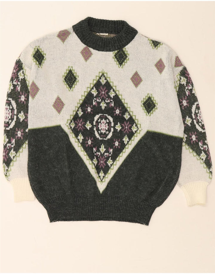 VINTAGE Mens Crew Neck Jumper Sweater Medium Green Fair Isle Cotton Vintage Vintage and Second-Hand Vintage from Messina Hembry 