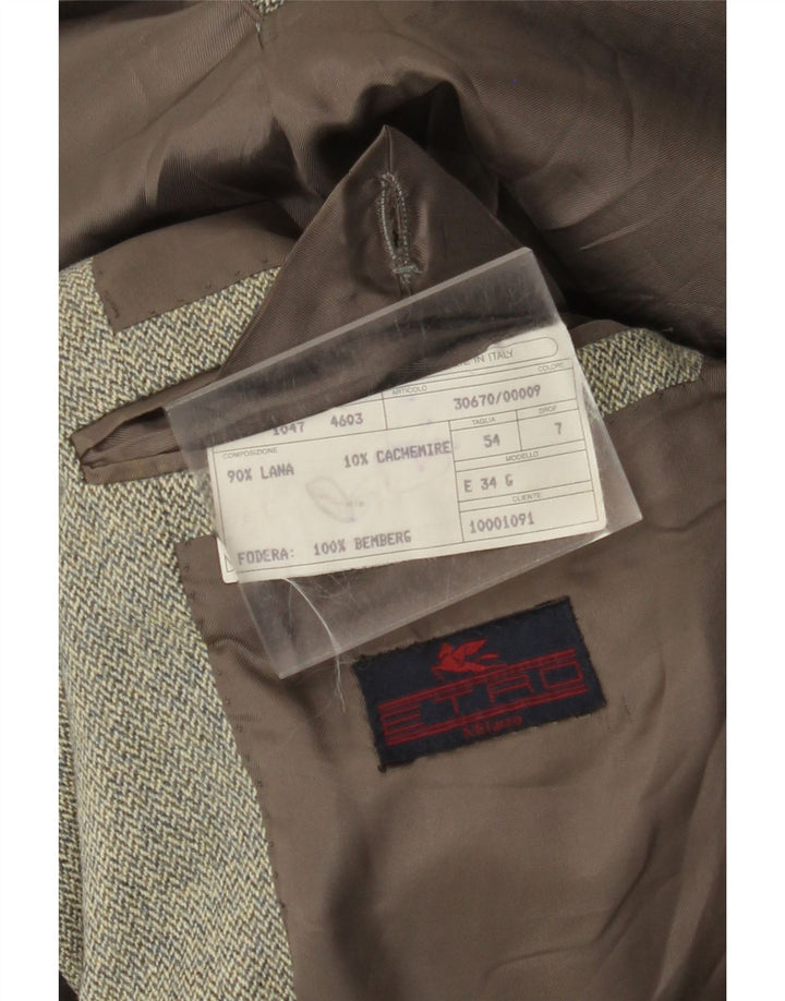 Etro Mens 3 Button Blazer Jacket IT 54 2XL Green Herringbone Wool
