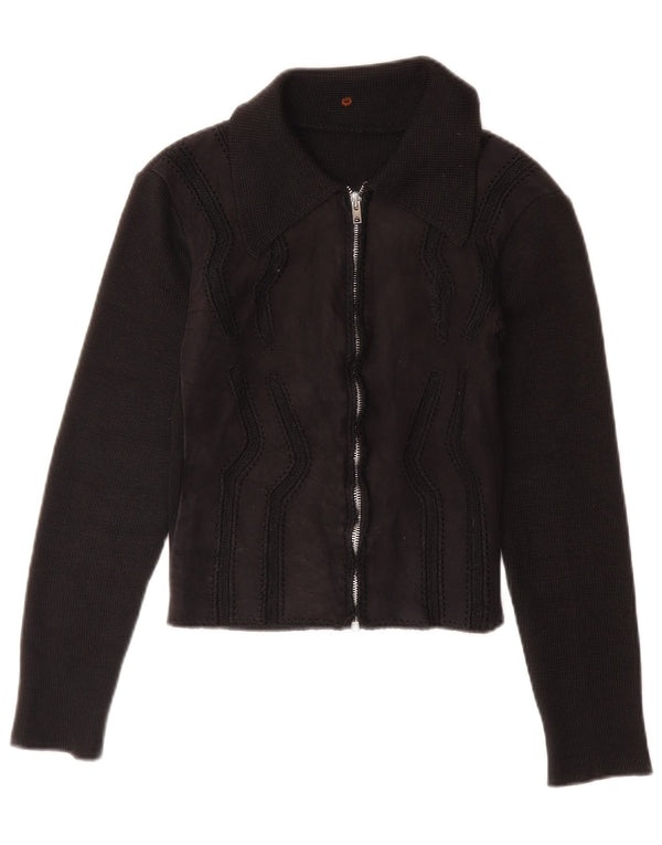 Vintage Womens Full Zip Cardigan Sweater UK 6 XS Black Colourblock
