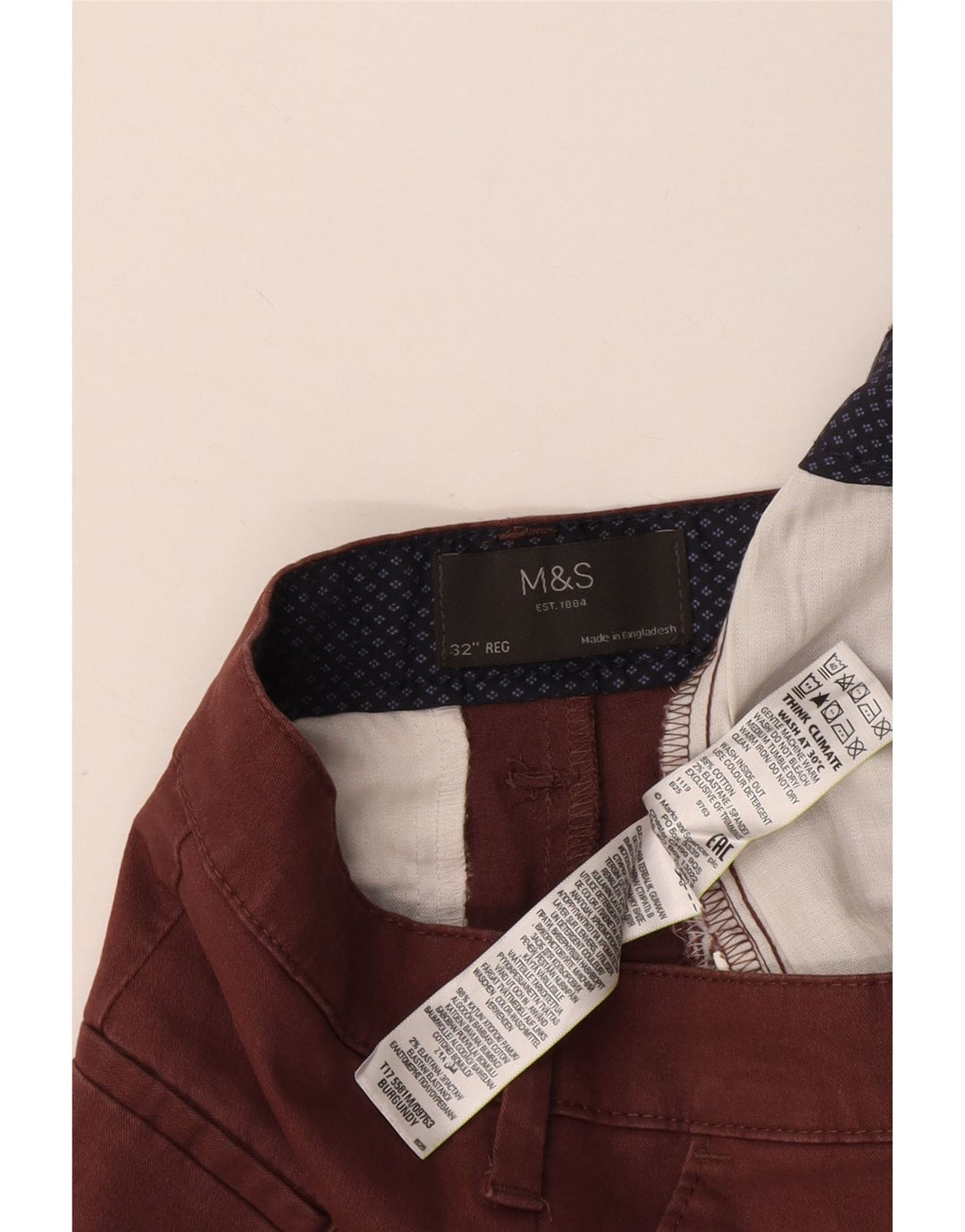 Marks & Spencer Mens Chino Shorts W32 Medium Burgundy Cotton