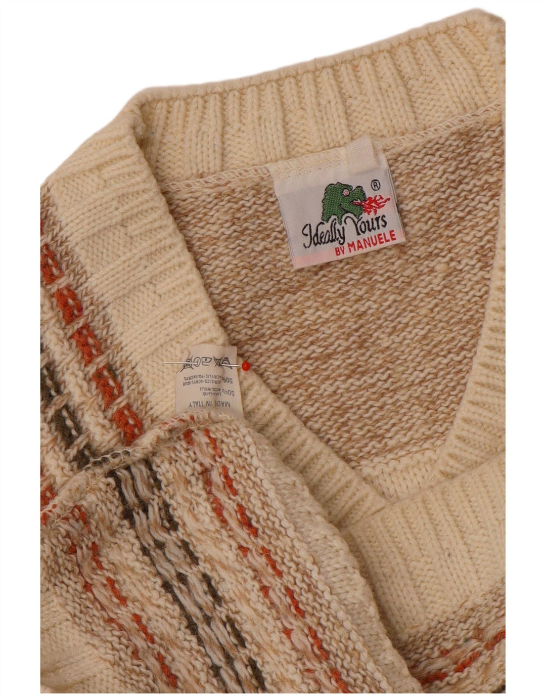 Maglione vintage da uomo con scollo a V in lana a righe beige medio