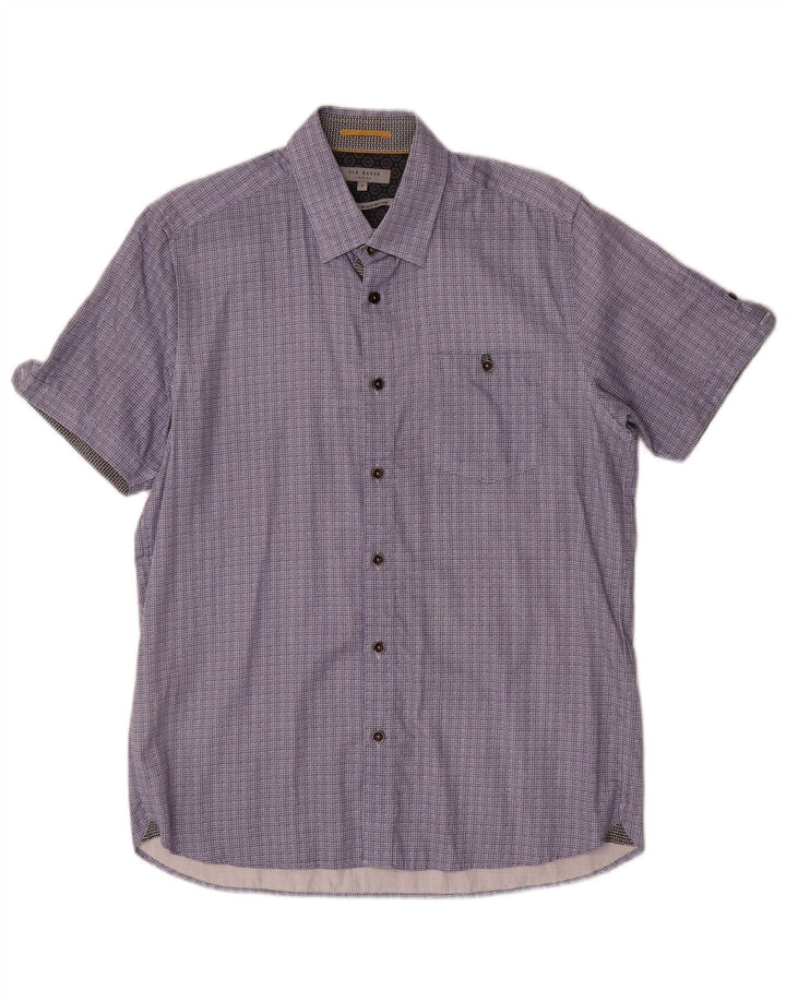 Ted Baker Mens Short Sleeve Shirt Size 4 Large Navy Blue Geometric Cotton