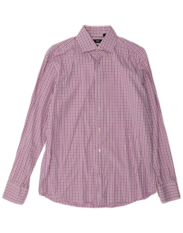 Hugo Boss Mens Regular Fit Shirt Size 41 16 Large Pink Check Cotton