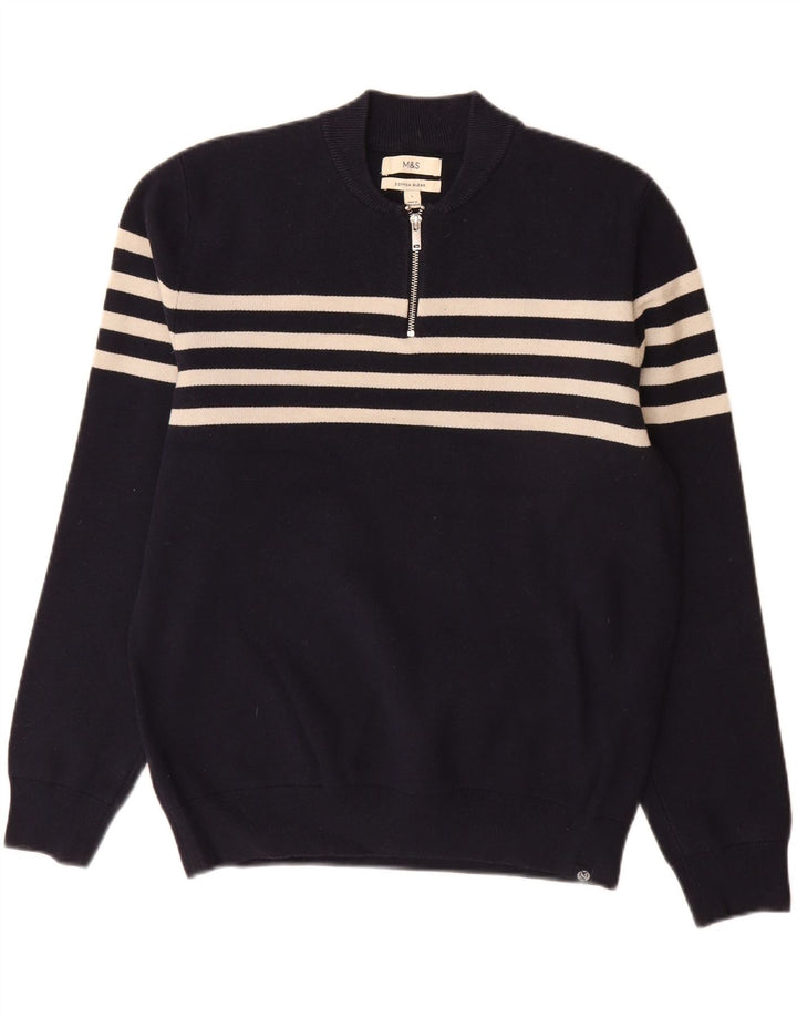 Marks & Spencer Herre Zip Neck Jumper Sweater Stor Marineblå Stribet