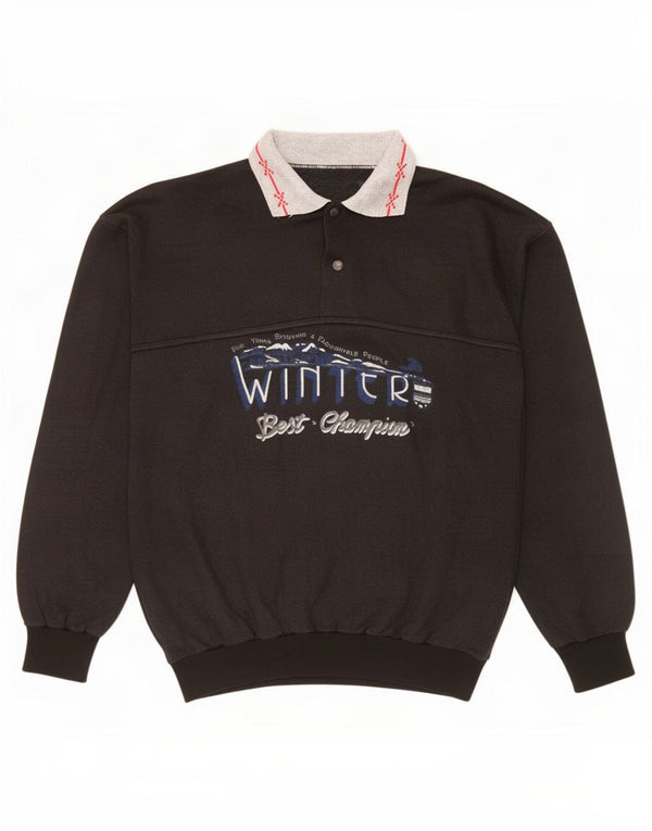 Vintage Herre grafisk Polo-hals Sweatshirt Jumper XL Sort Colourblock