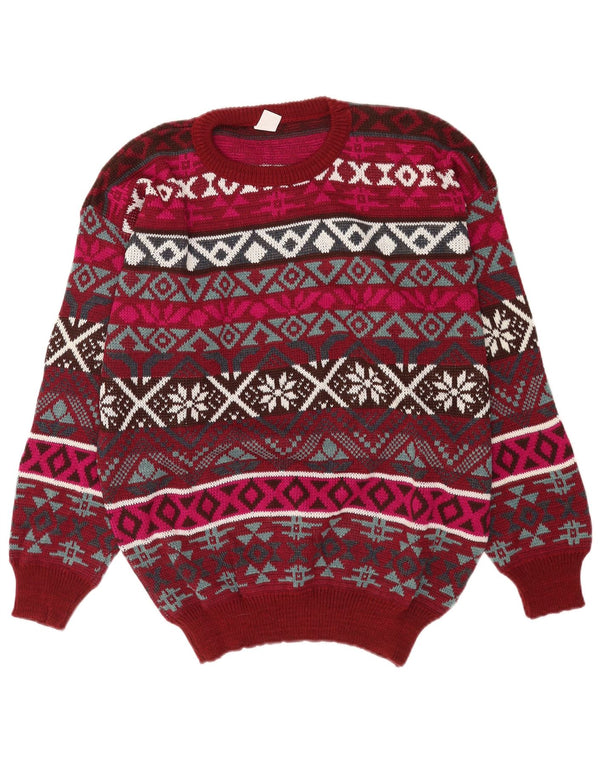 Vintage Mens Crew Neck Jumper Sweater Large Burgundy Fair Isle Acrylic