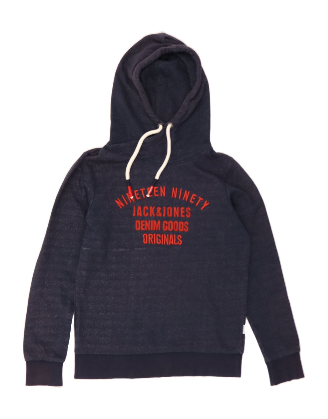 JACK & JONES Mens Graphic Hoodie Jumper Small Navy Blue Polyester Vintage Jack & Jones and Second-Hand Jack & Jones from Messina Hembry 