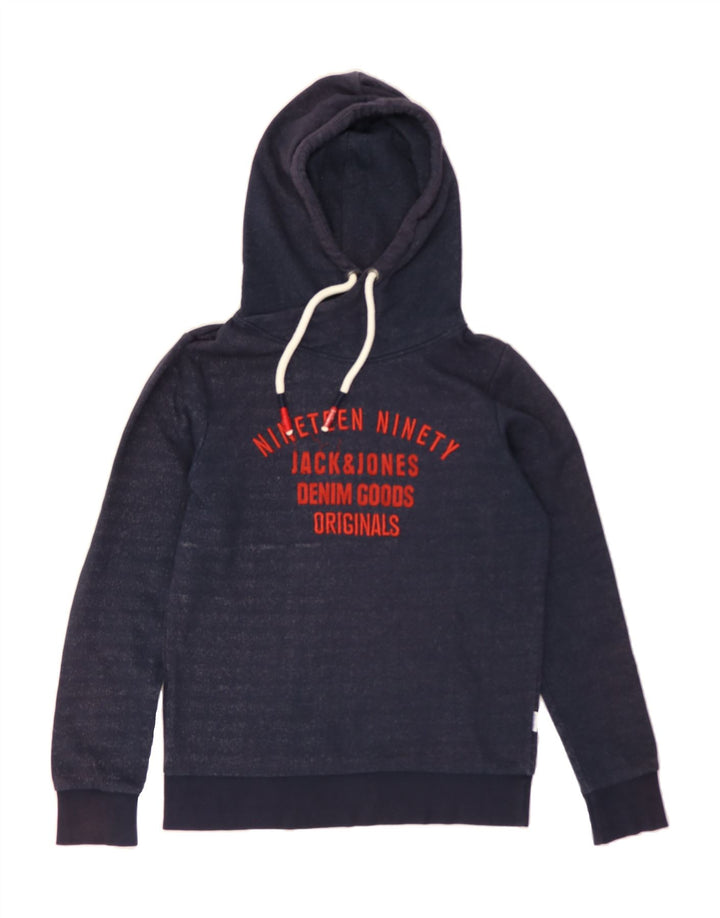JACK & JONES Mens Graphic Hoodie Jumper Small Navy Blue Polyester Vintage Jack & Jones and Second-Hand Jack & Jones from Messina Hembry 