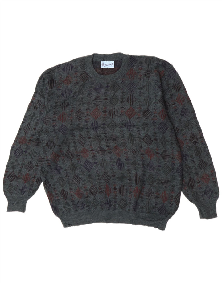 Vintage Mens Crew Neck Jumper Sweater Medium Blue Geometric Virgin Wool