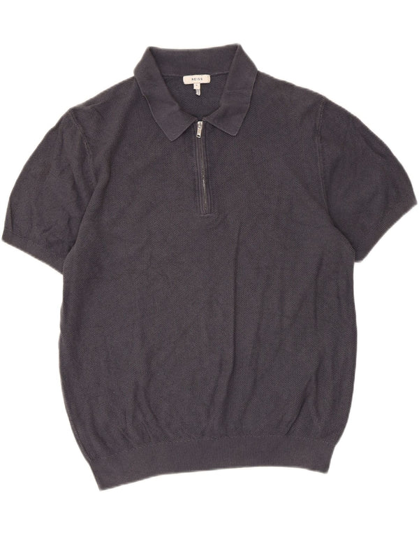 Reiss Mens Short Sleeve Polo Neck Jumper Sweater Large Grey Modal