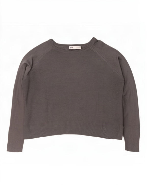 Zara Pull court surdimensionné à col bateau pour femme UK 10 Petit Gris