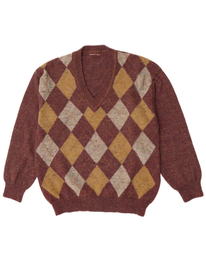 Vintage Mens V-Neck Jumper Sweater Medium Burgundy Argyle/Diamond