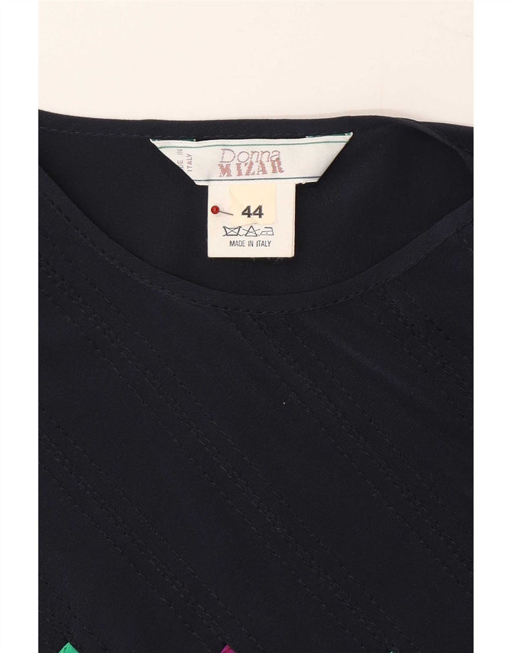 Donna Mizar Damebluse Top IT 44 Medium Navy Blue Geometric Silk