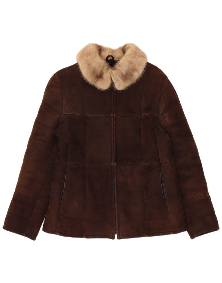 Vintage Womens Shearling Jacket UK 14 Medium Brown