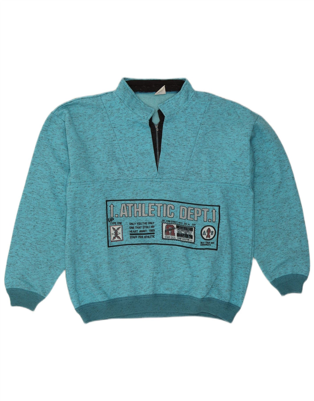 Vintage Mens Graphic Zip Neck Sweatshirt Jumper Large Blue Flecked