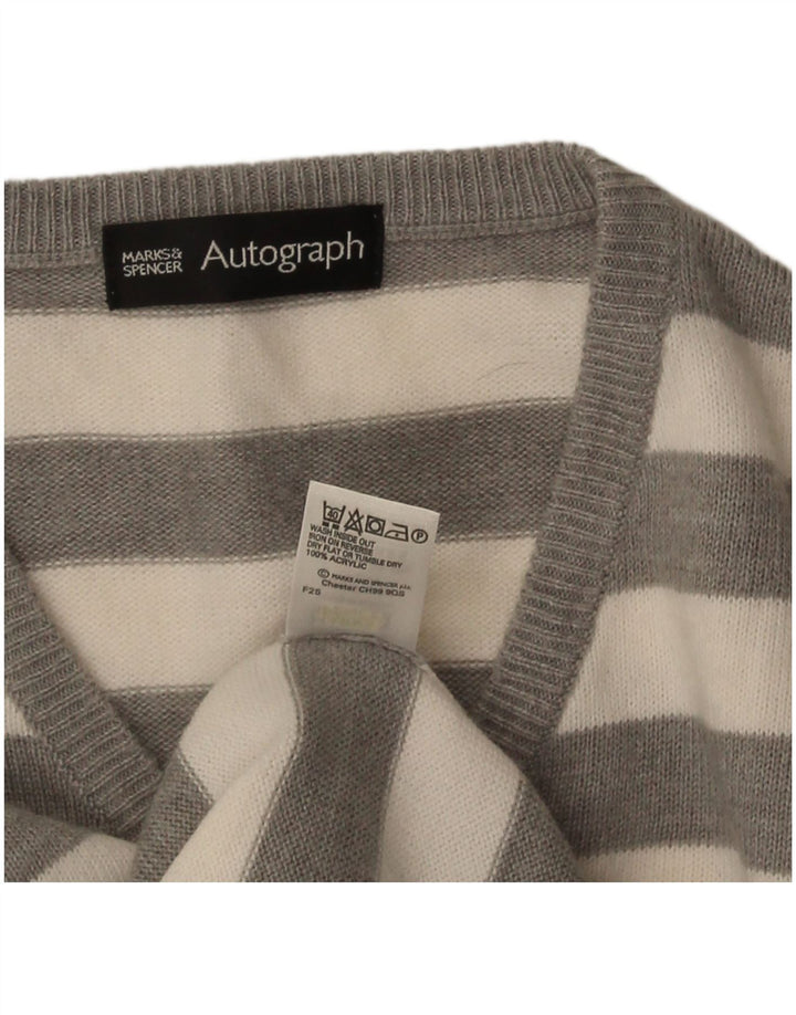 Marks & Spencer Mens Autograph V-Neck Jumper Sweater Medium Grey Striped