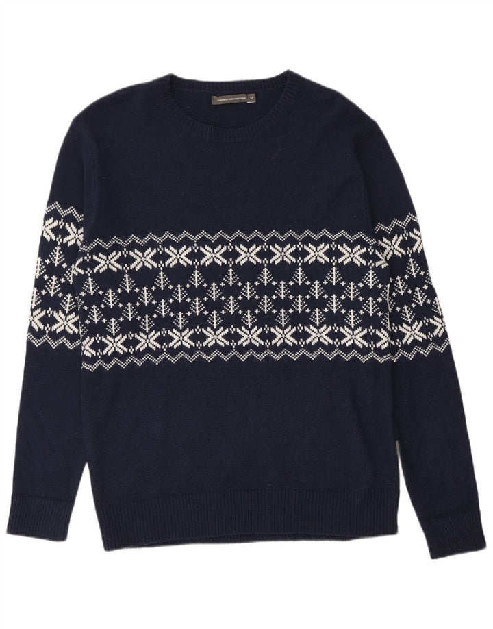FRANSK FORBINDELSE Herre Crew Neck Jumper Sweater Medium Navy Blue Fair Isle