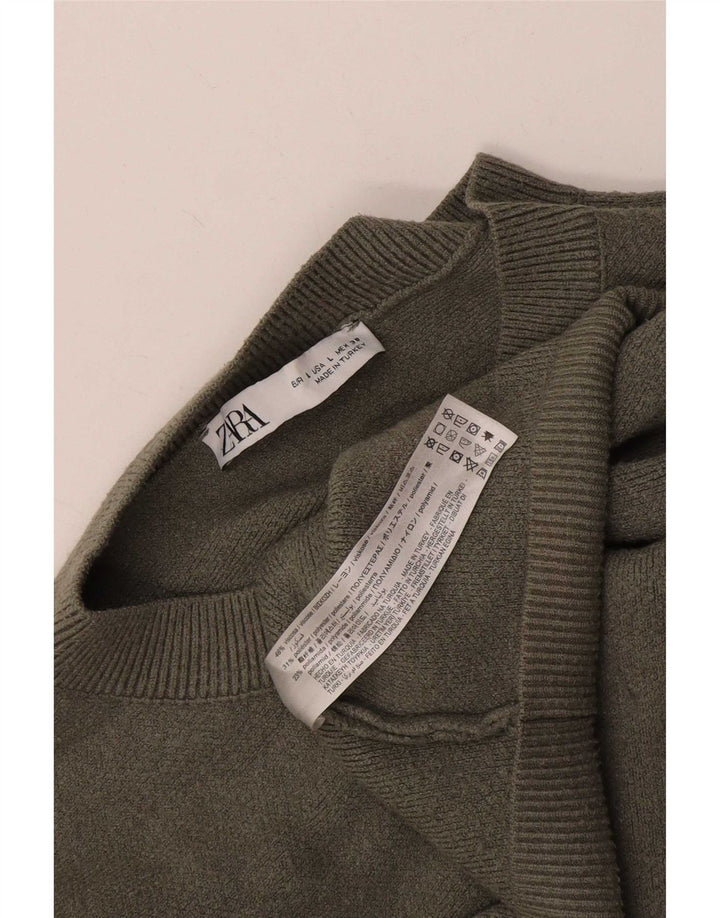 Zara Womens Oversized Button Neck Jumper Sweater UK 16 Large Khaki Viscose
