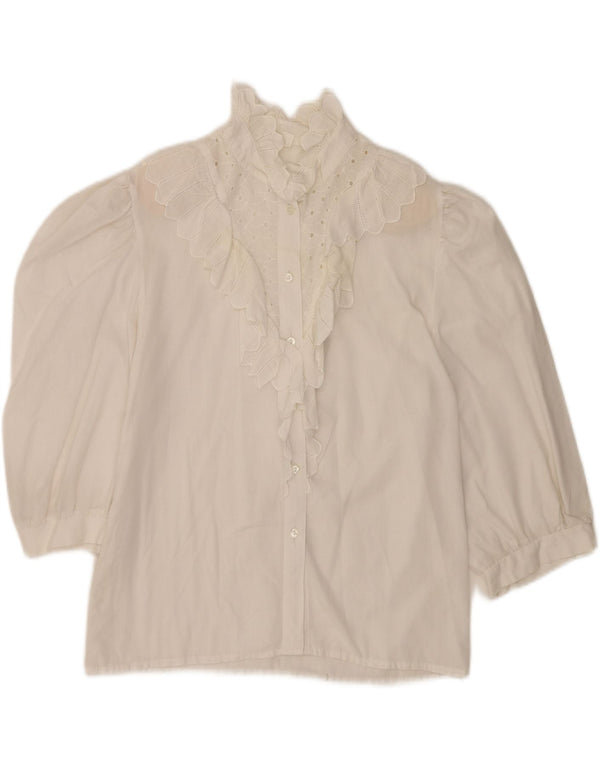 Camicetta vintage da donna con maniche a 3/4 con volant sul davanti UK 12 Bianca media