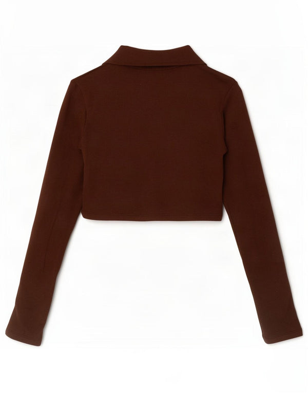 Zara Womens Crop Long Sleeve Polo Shirt UK 8 Small Brown Cotton