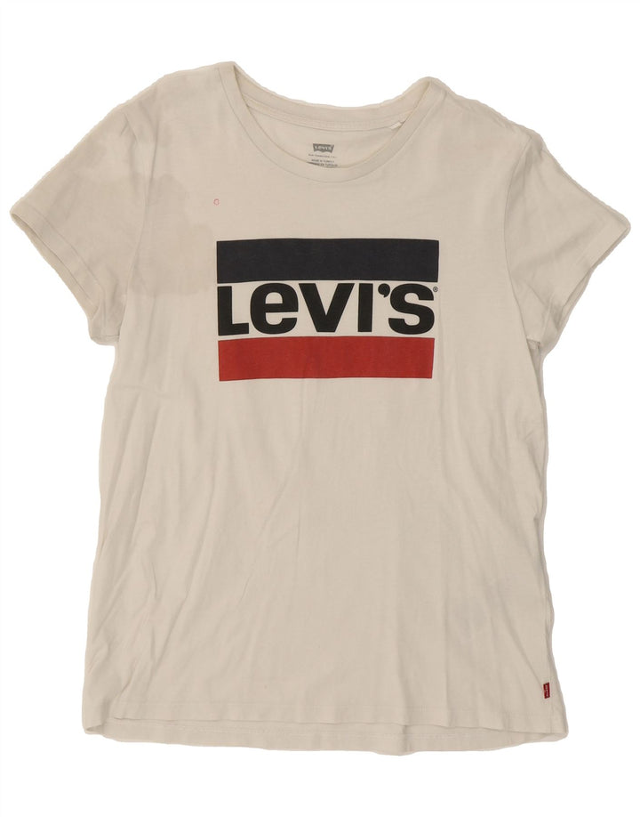 LEVI'S Womens Graphic T-Shirt Top UK 12 Medium Off White Cotton Vintage Levi's and Second-Hand Levi's from Messina Hembry 