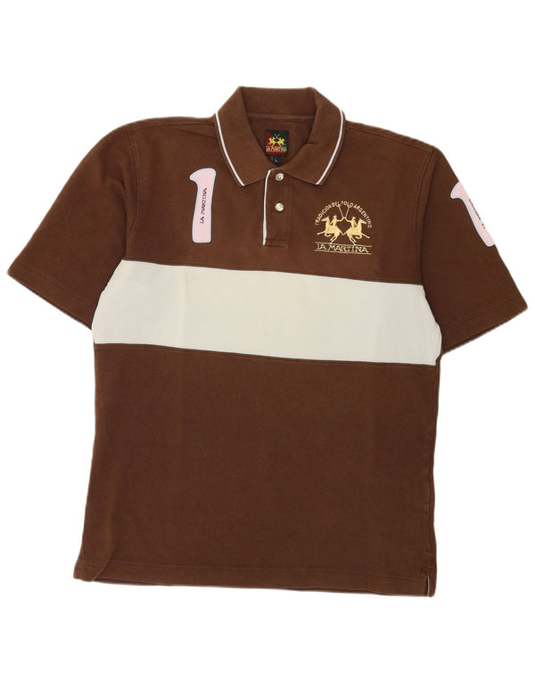 La Martina Mens Graphic Polo Shirt Large Brown Colourblock Cotton