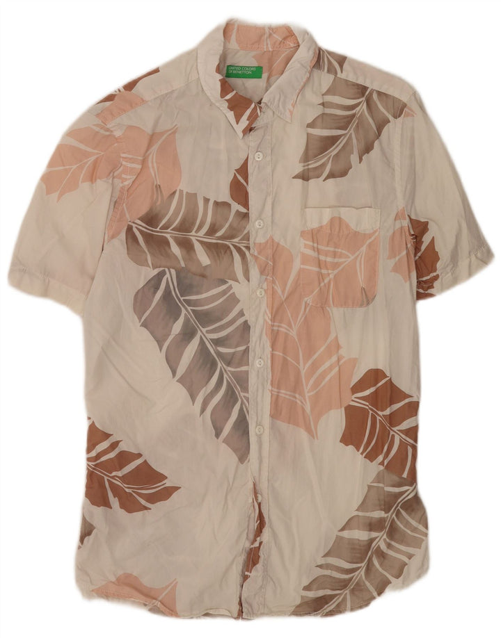 Benetton Mens Short Sleeve Shirt Medium White Floral Cotton