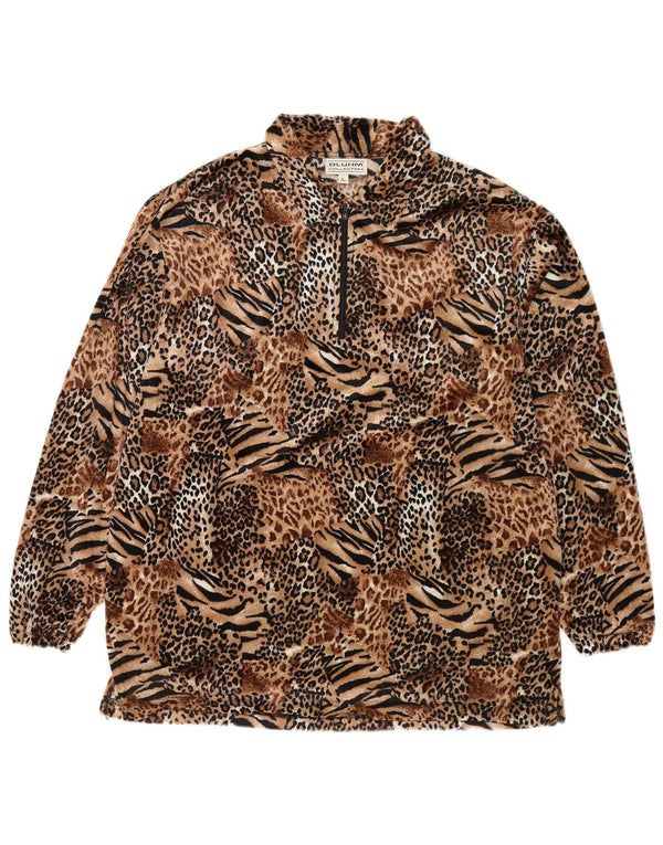 Vintage Herre Polo Neck Fleece Jumper Stor Brun Animal Print Polyester