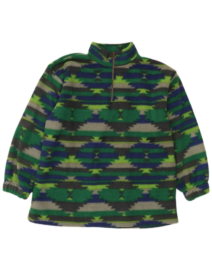 Vintage Mens Zip Neck Fleece Jumper Large Green Geometric Polyester