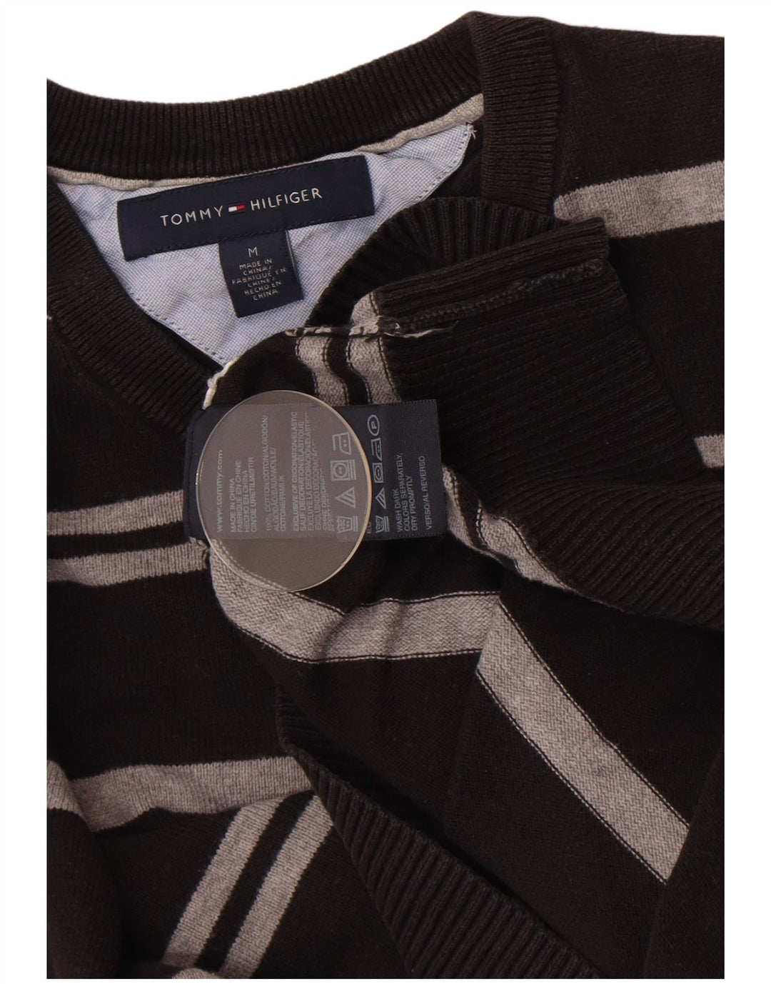 Tommy Hilfiger Mens V-Neck Jumper Sweater Medium Black Striped Cotton