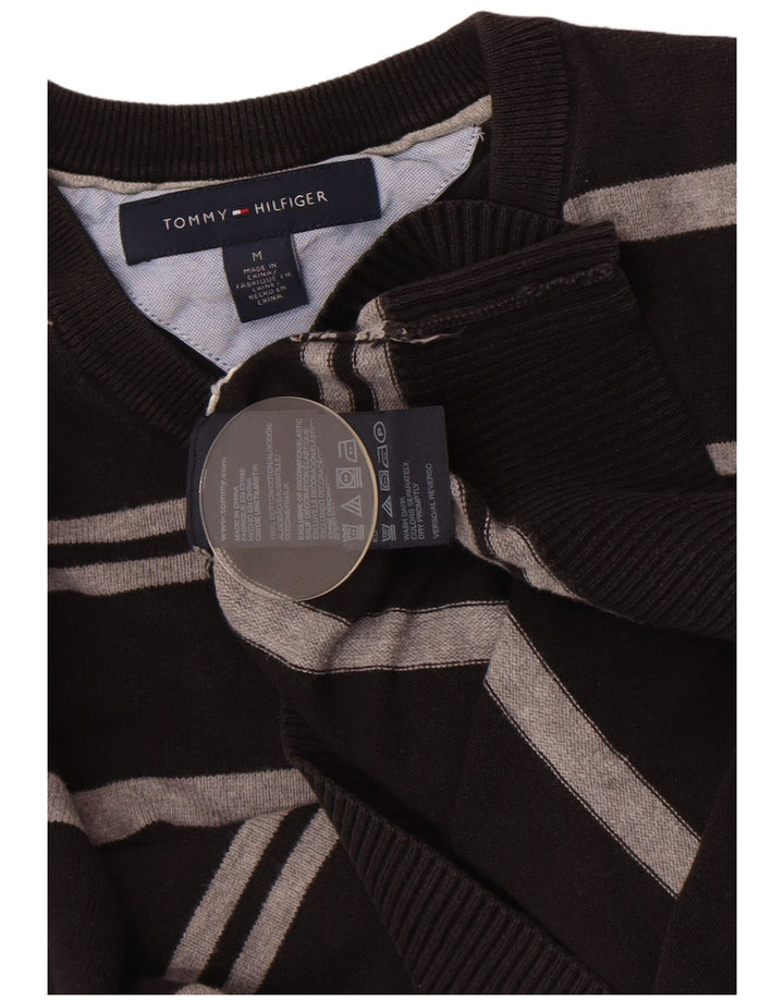 Tommy Hilfiger Mens V-Neck Jumper Sweater Medium Black Striped Cotton